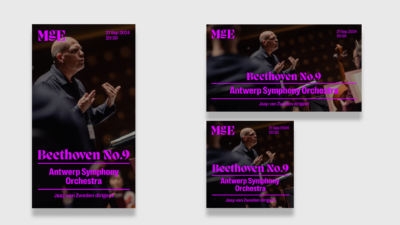 Voorbeelden van social media posts in de nieuwe huisstijl van Muziekgebouw Eindhoven in paars