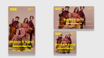 Voorbeelden van social media posts in de nieuwe huisstijl van Muziekgebouw Eindhoven in geel