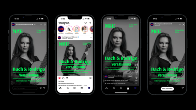 Vier smartphones die het scherm tonen van de Instagram-pagina van Muziekgebouw Eindhoven