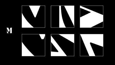 een abstracte zwart-witte compositie bestaande uit zes vierkanten met organische en geometrische vormen, geïnspireerd op het logo van Muziekgebouw Eindhoven.