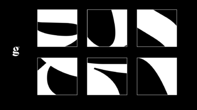 een abstracte zwart-witte compositie bestaande uit zes vierkanten met organische en geometrische vormen, geïnspireerd op het logo van Muziekgebouw Eindhoven.
