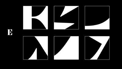 een abstracte zwart-witte compositie bestaande uit zes vierkanten met organische en geometrische vormen, geïnspireerd op het logo van Muziekgebouw Eindhoven.